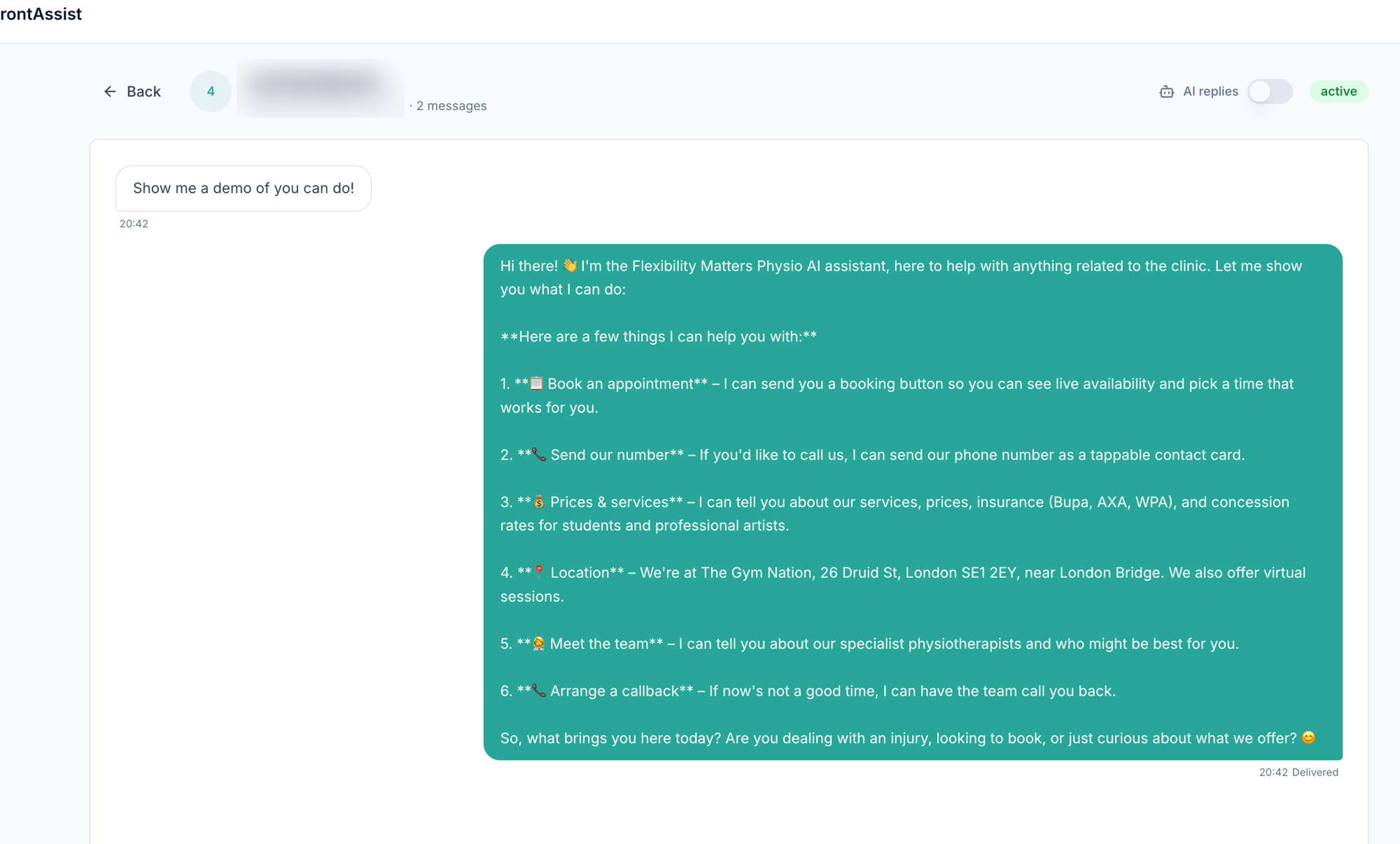 A conversation where AI replies have been automatically switched off after the owner stepped in