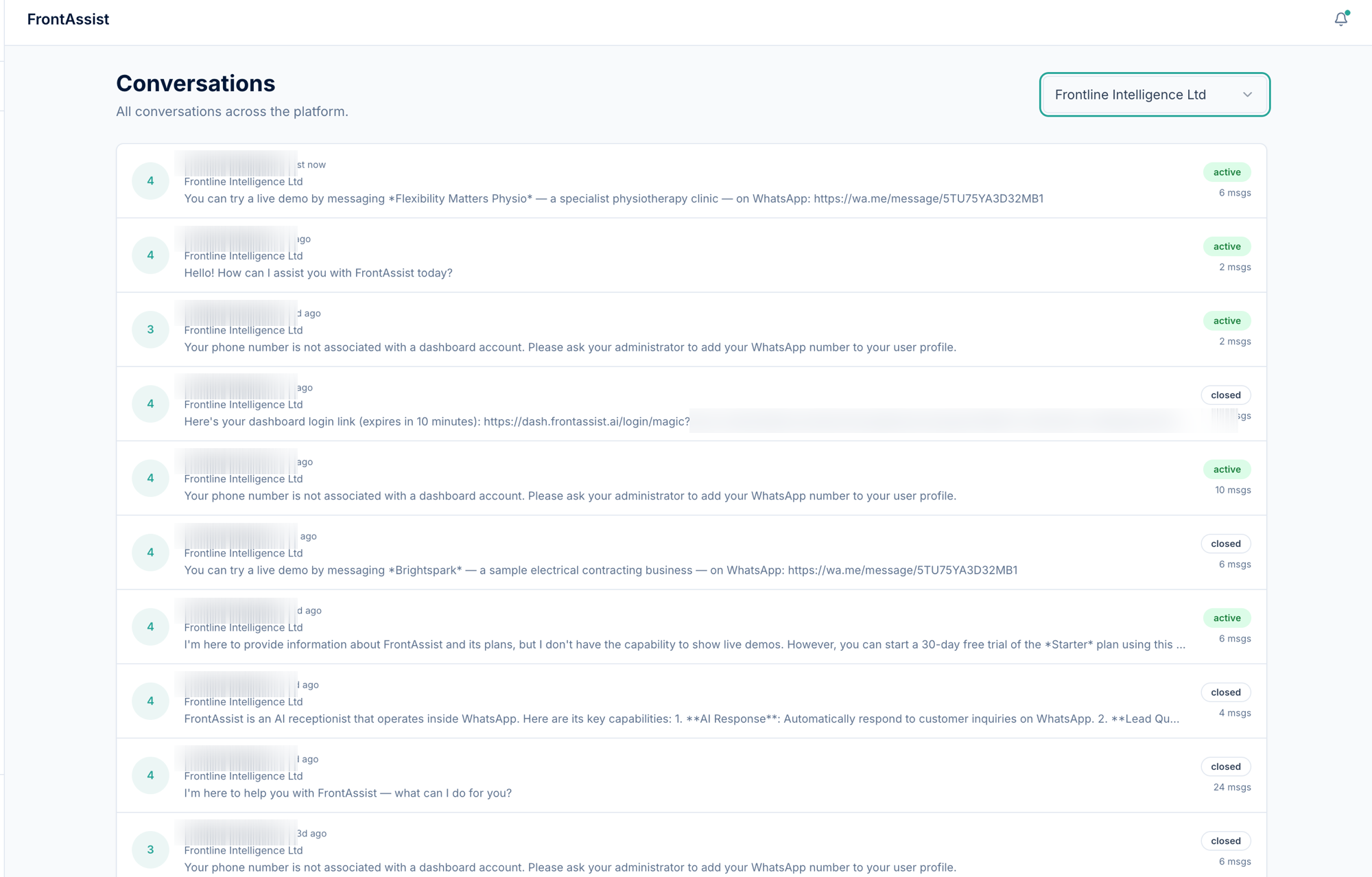 Viewing customer conversations in the dashboard