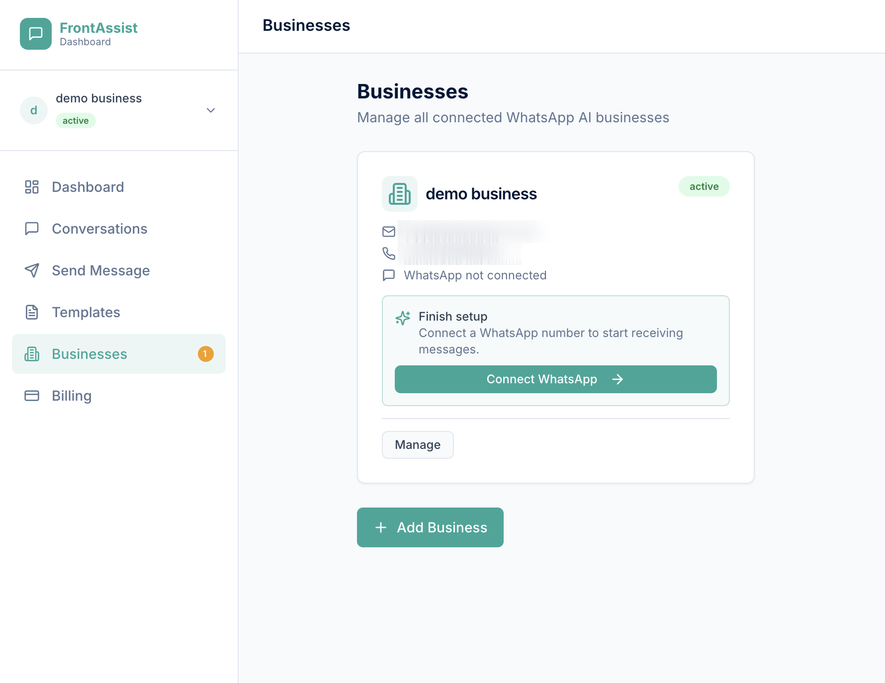The Connect WhatsApp prompt on the Businesses page