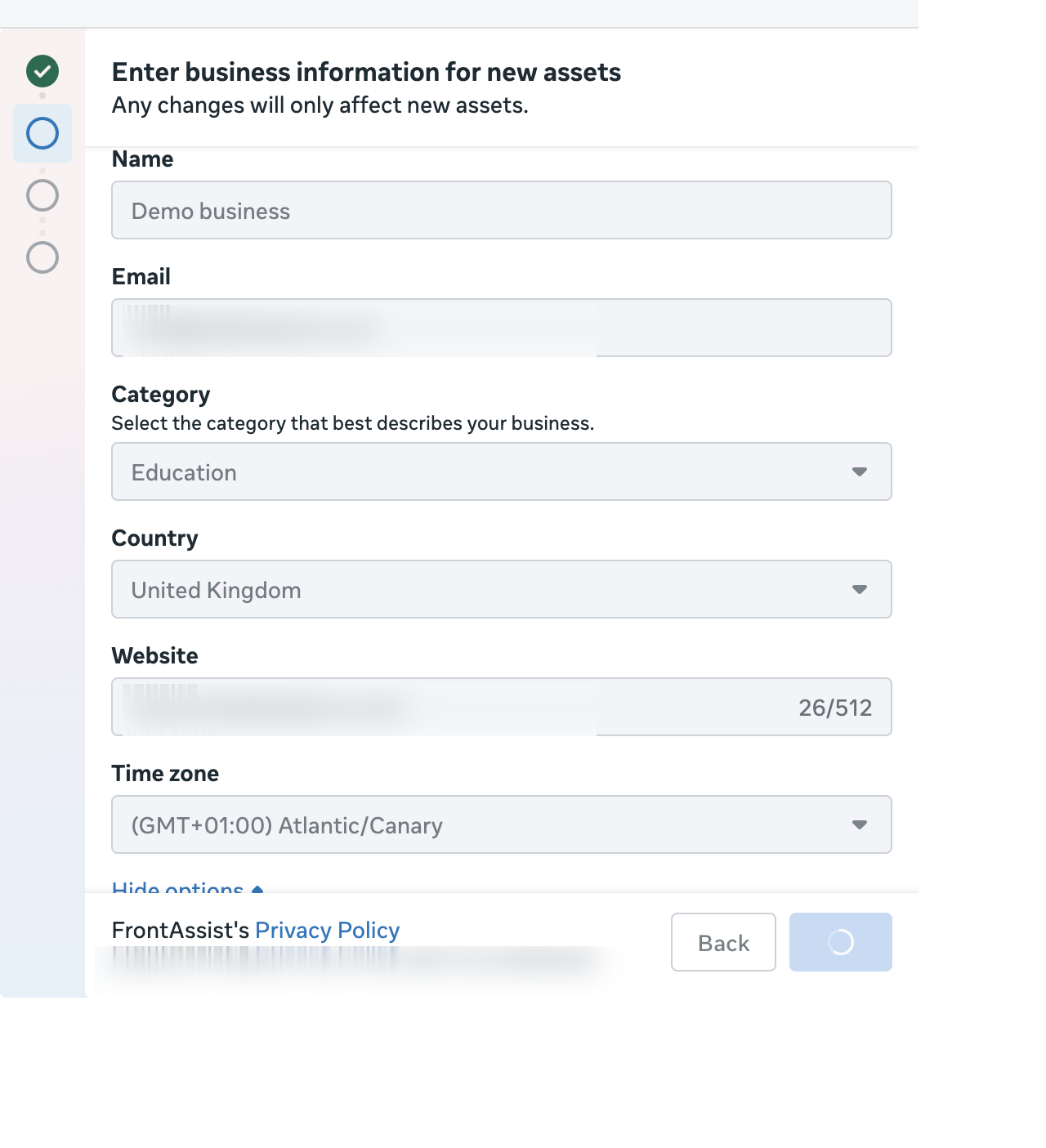 Entering business information for the new assets