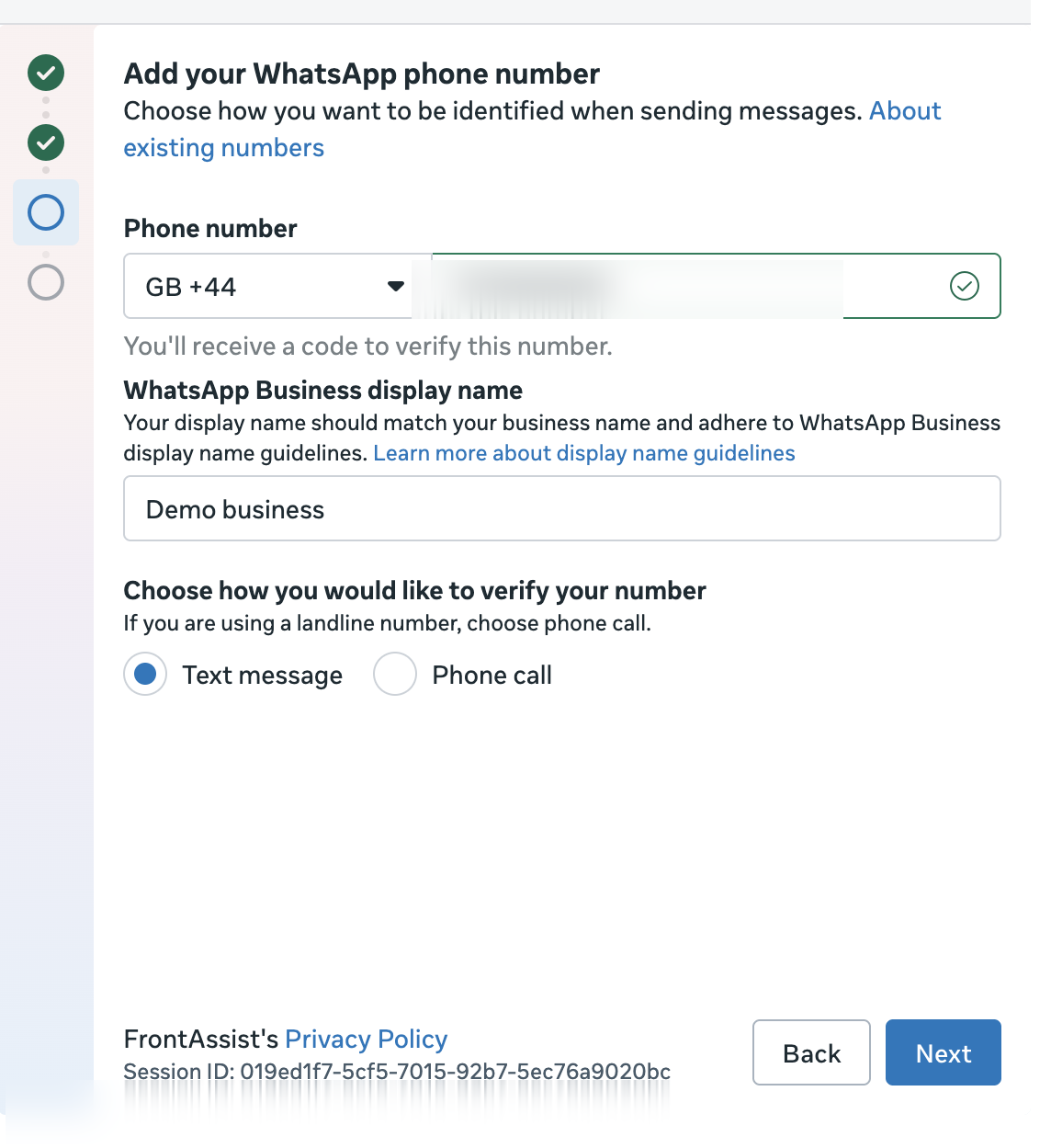 Entering your WhatsApp Business number